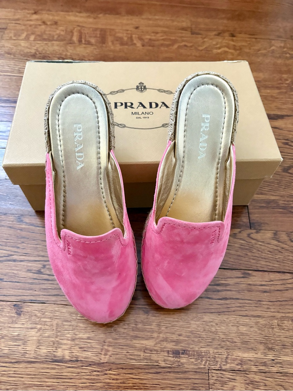 Prada: Pink Suede Slip-On Espadrille Mules